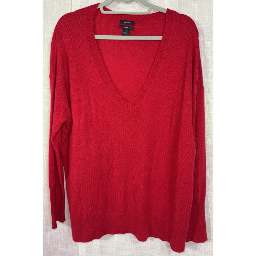 Halogen Sweater Women's Large Bright Red 100% Cashmere V Neck Pullover Soft Knit